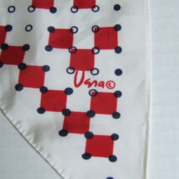 Vintage scarf Vera Neumann white scarf with blue circle and dots red squares - Picture 2 of 8